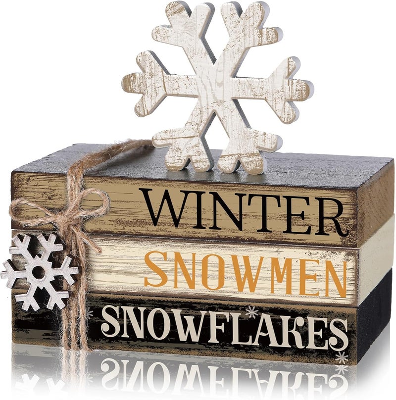 Anglechic 4 Pcs Winter Table Decorations Snowmmen Tiered Tray Decorations Christmas Mini Snowflake Wooden Books Signs for Office Shelf Classroom Tabletop Bookshelf - Image 1